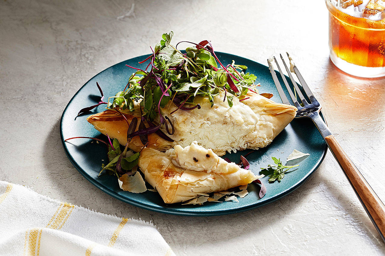 Baked halibut on phyllo with parm topping was inspired by a bakery’s offering in Anchorage, Alaska. (Photo by Tom McCorkle for The Washington Post)
