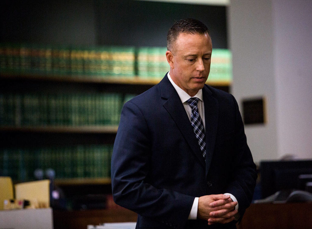 Deputy prosecutor Matt Baldock pauses during his closing arguments for the trial of William Talbott II at the Snohomish County Courthouse. (Olivia Vanni / The Herald)
