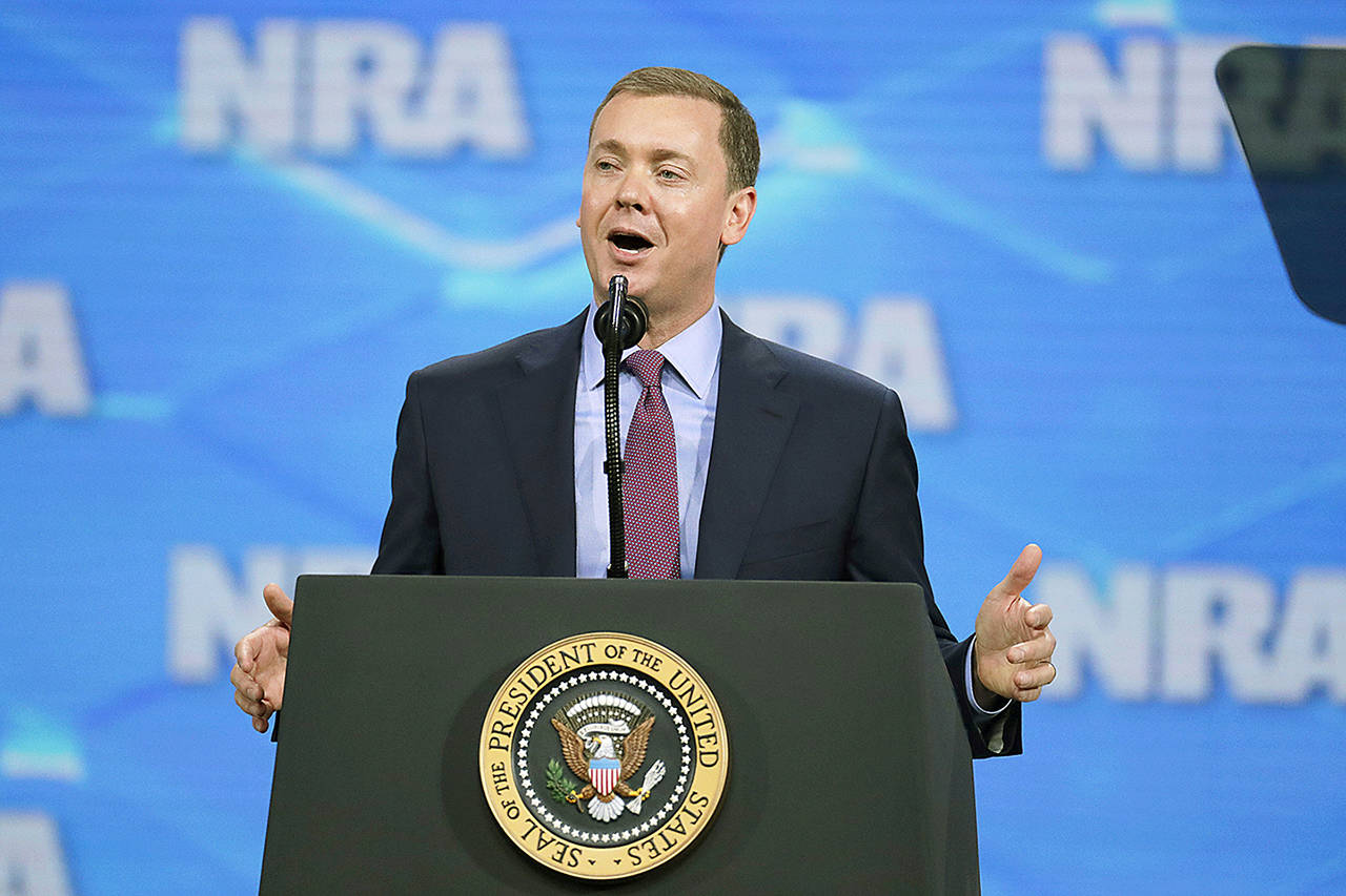 In this April 26 photo, National Rifle Association Institute for Legislative Action Executive Director Christopher W. Cox speaks at the NRA-ILA Leadership Forum in Lucas Oil Stadium in Indianapolis. (AP Photo/Michael Conroy, File)