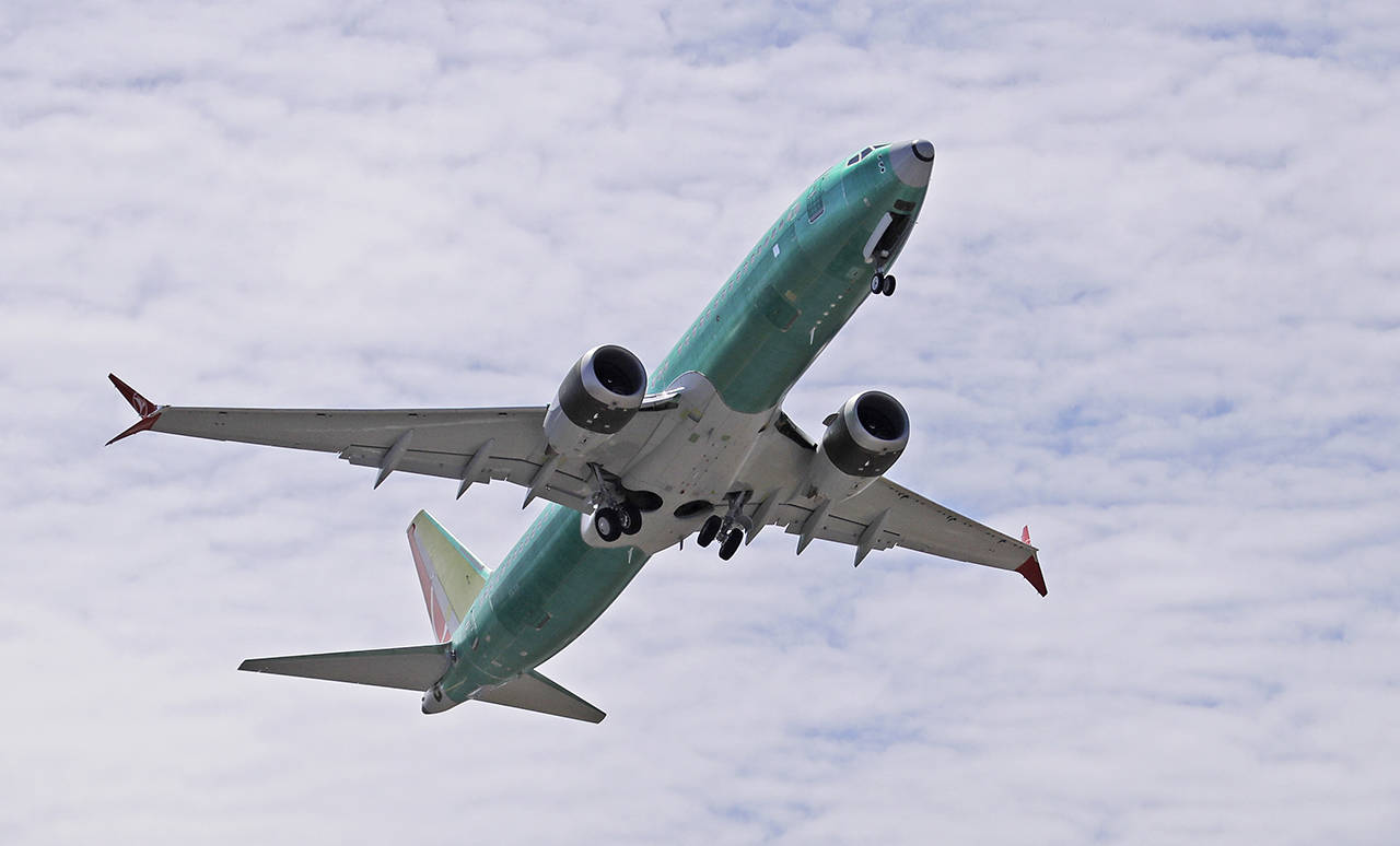 In this May 8 photo, a Boeing 737 MAX 8 jetliner being built for Turkish Airlines takes off on a test flight in Renton. (AP Photo/Ted S. Warren, File)