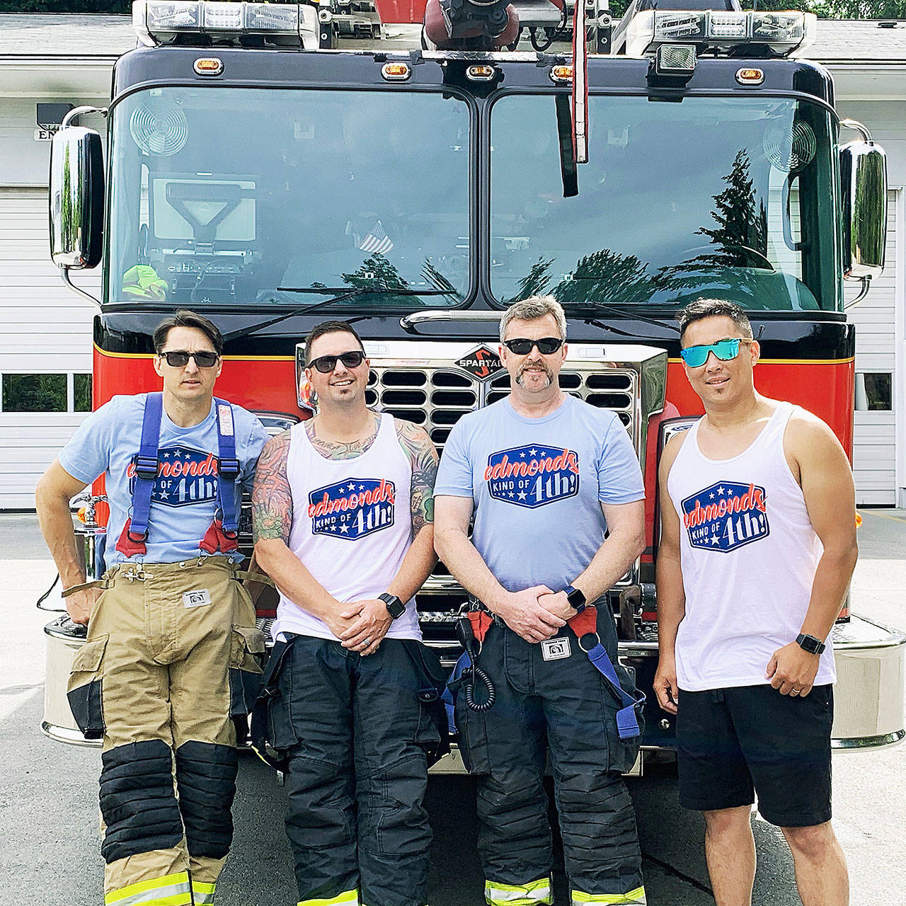 From left, Cabot Guidry, firefighter EMT, Justin Pickens, firefighter paramedic, the Capt. Keith Sessions, all of South County’s Edmonds Esperance Fire Station 20, with restaurant owner Shubert Ho.                                Submitted photo