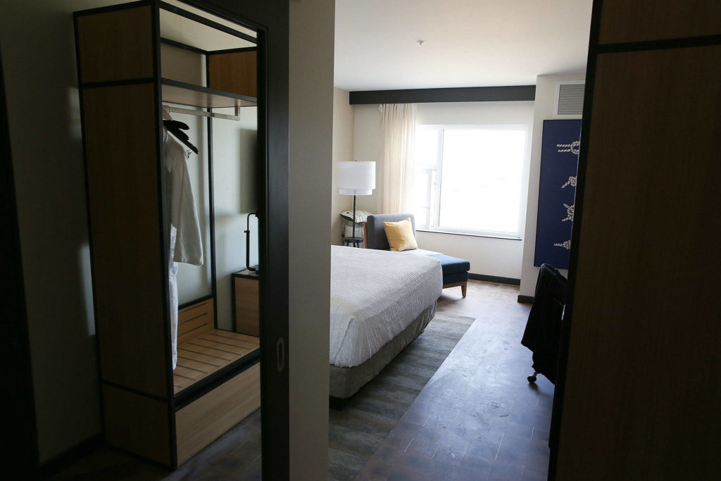 A room at Hotel Indigo at the Port of Everett’s Waterfront Place. (Kevin Clark / The Herald)
