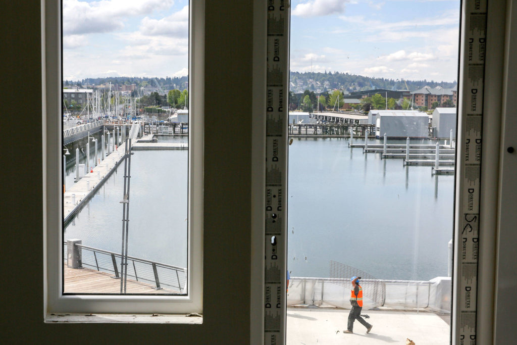 Of 142 rooms, 119 will have a water view at Hotel Indigo at the Port of Everett’s Waterfront Place. (Kevin Clark / The Herald) 
