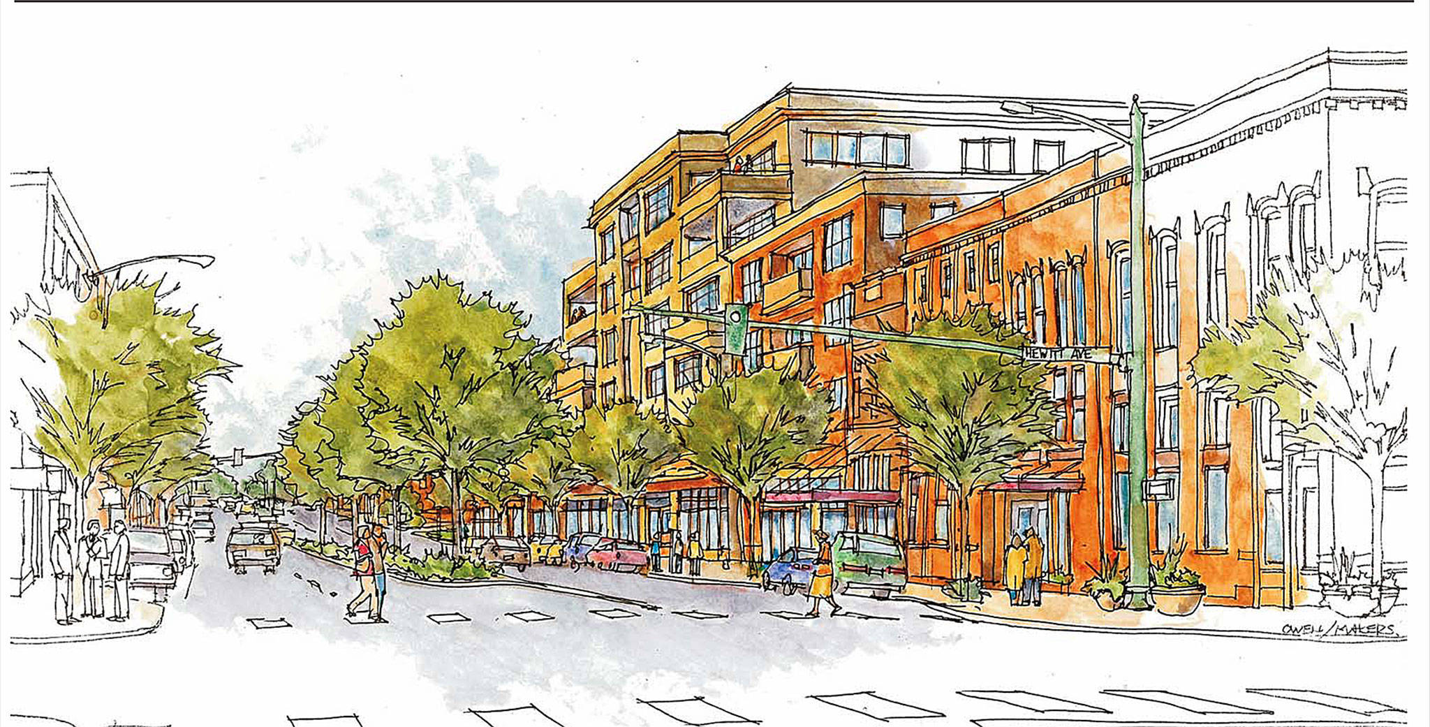 An artist rendering of the Rucker Avenue streetscape plan. (City of Everett)