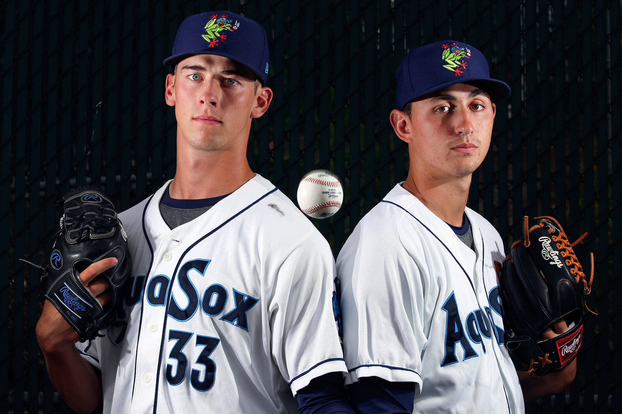 Mariners’ draft picks Brandon Williamson (left) and George Kirby. (Kevin Clark / The Herald)