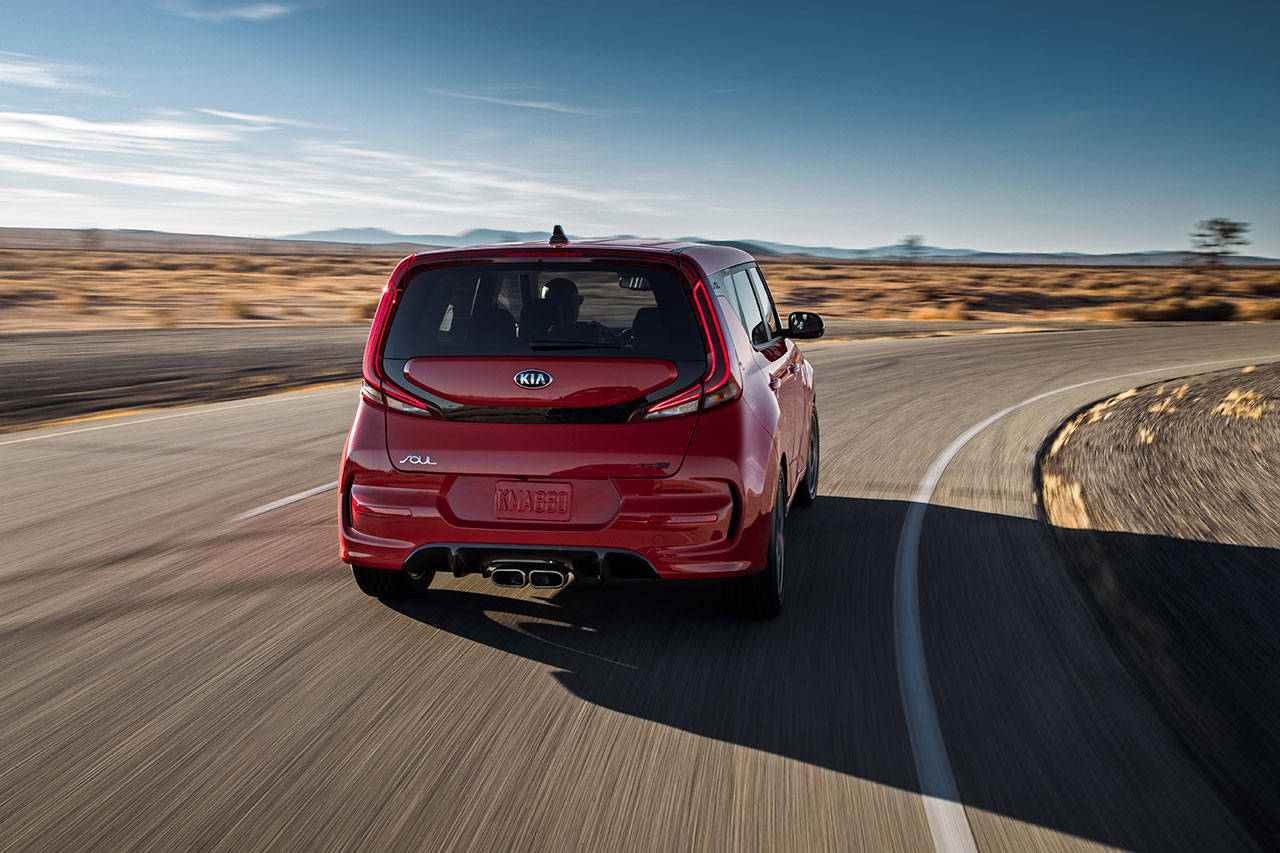 The 2020 Kia Soul is available in five different trim levels, all with front-wheel drive. The GT-Line model with chrome tip center exhaust is shown here. (Manufacturer photo)
