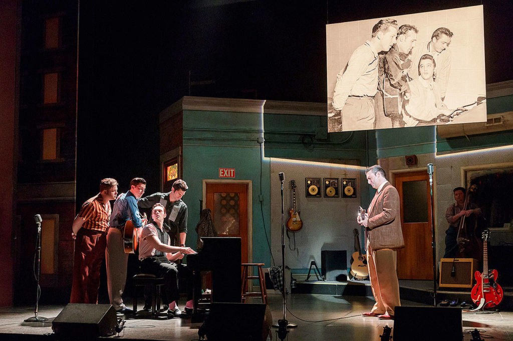 Village Theater’s “Million Dollar Quartet” recreates a recording session featuring Elvis Presley, Johnny Cash, Jerry Lee Lewis and Carl Perkins. (Mark Kitaoka / Village Theatre)
