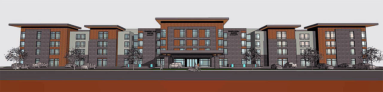 A rendering of the Marriott-brand hotels in the 11400 block of the east side of Airport Road, near Paine Field. (SMJ Management)