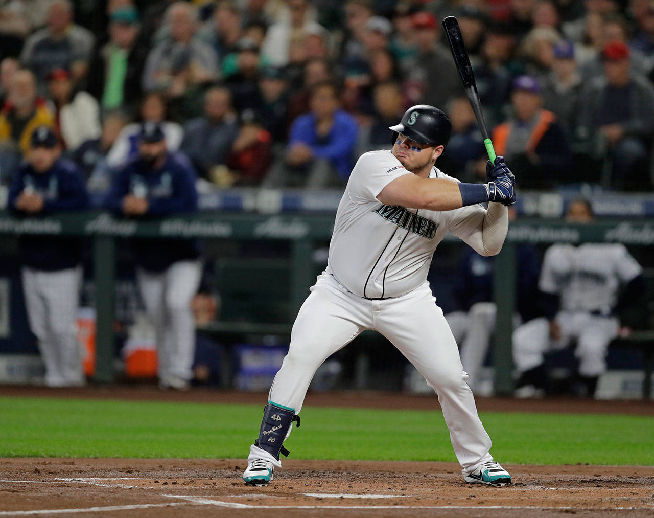Mariners designated hitter Daniel Vogelbach begins his swing during an at-bat against the Cardinals on July 2, 2019, in Seattle. (AP Photo/Ted S. Warren)