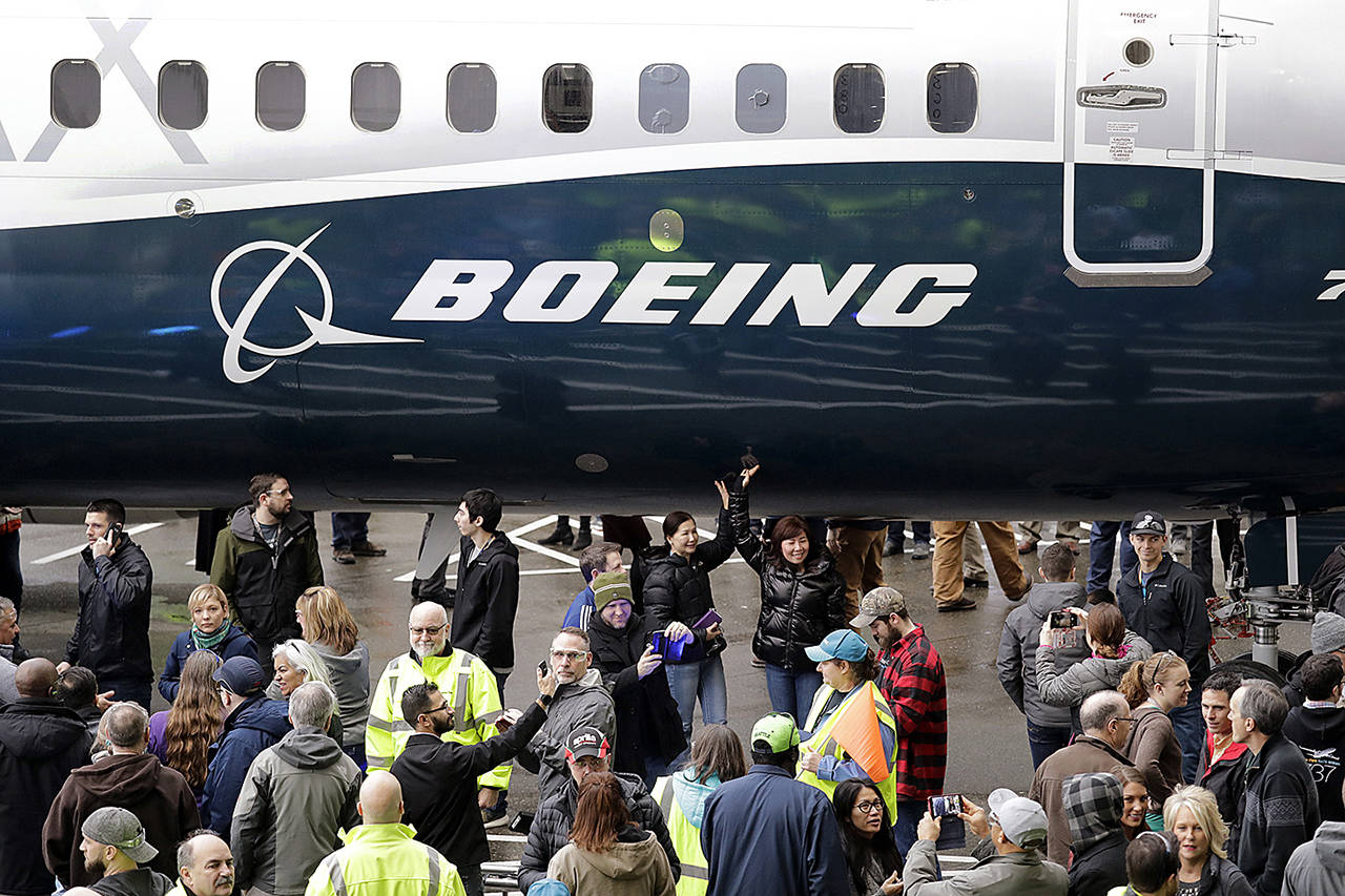 In this 2018 photo a Boeing 737 MAX 7 is displayed during a debut for employees and media of the new jet in Renton. (AP Photo/Elaine Thompson, File)
