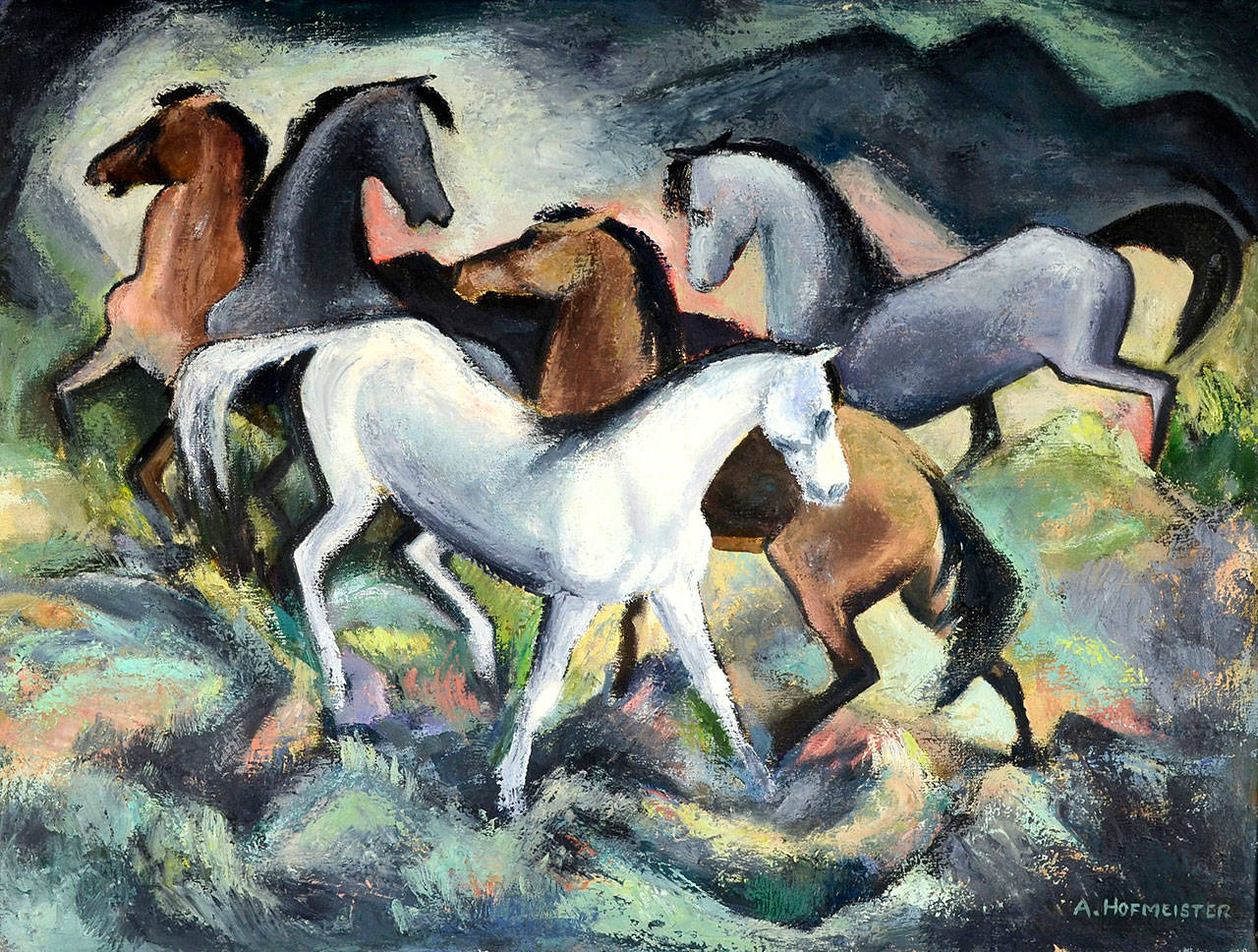 “Brushfire,” a 1946 oil on canvas by Andrew Hofmeister, the late Washington State University art instructor, is displayed at Cascadia Art Museum in Edmonds.