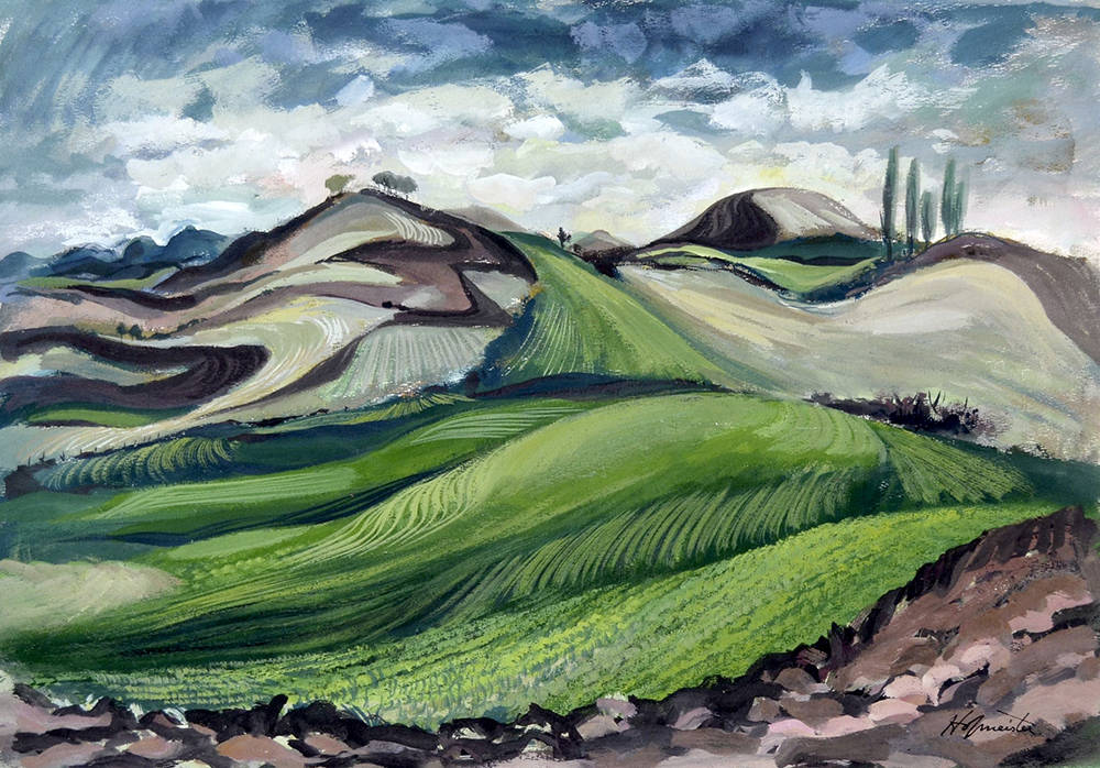 “Palouse,” a 1950 gouache by Andrew Hofmeister, is among the paintings currently exhibited at Cascadia Art Museum.