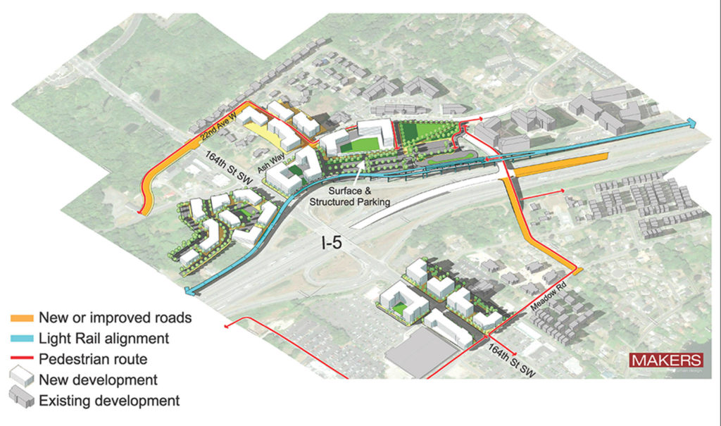 Another possible vision of the future Ash Way light rail staion area places the stop east of I-5. (Snohomish County)
