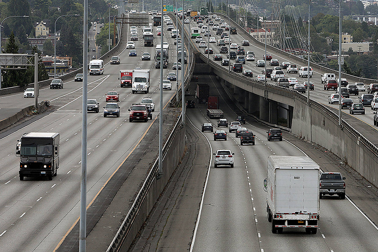 The reversible express lanes I-5 most days flow toward Seattle during the morning commute and north in the evenings. (Lizz Giordano / The Herald)