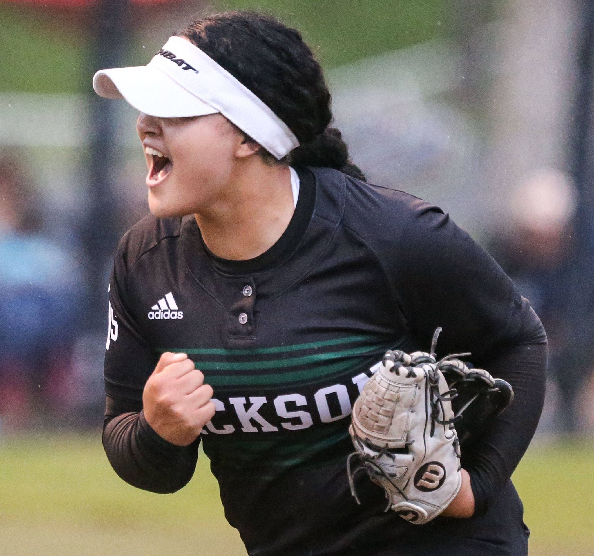 Jackson’s Iyanla De Jesus celebrates while coming off the mound against Lake Stevens at Phil Johnson Fields in Everett on May 15. (Kevin Clark / The Herald)