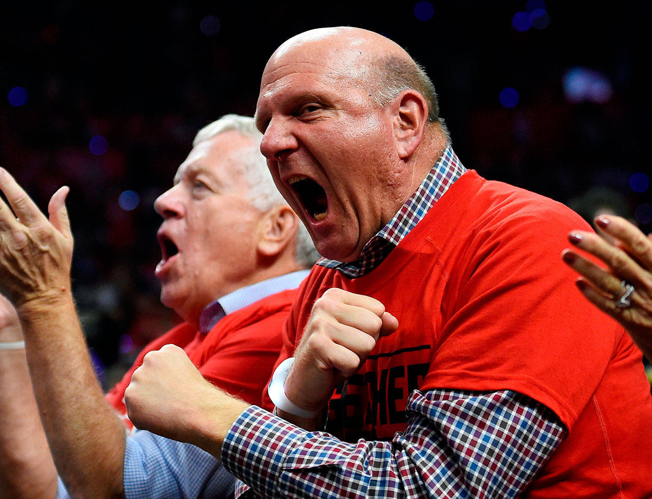 Clippers owner Steve Ballmer cheers during Game 2 of the team’s first-round playoff series against the Trail Blazers on April 20, 2016, in Los Angeles. (AP Photo/Mark J. Terrill)