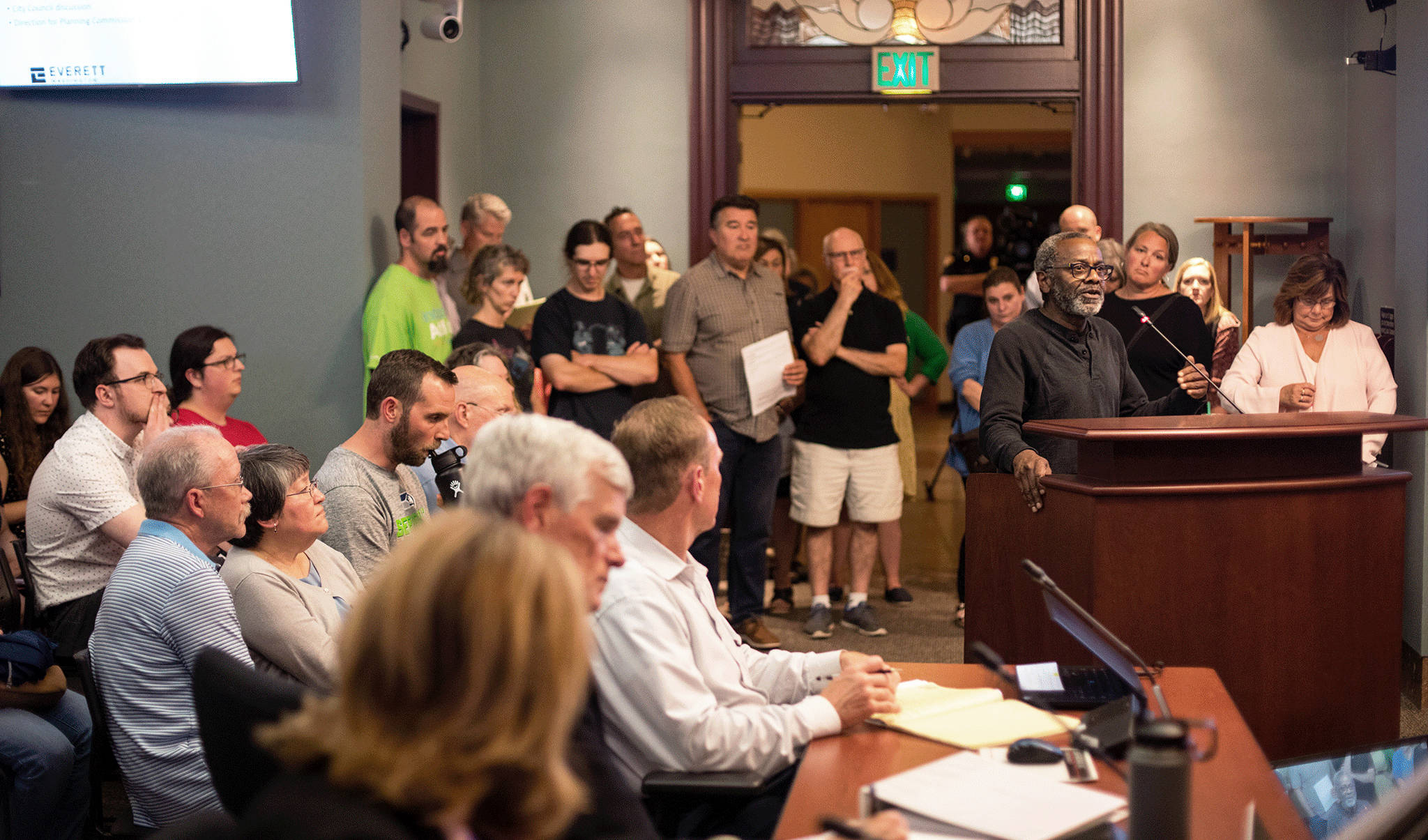 Supporters and opponents of a moratorium on supportive housing in single-family areas packed the Everett City Council chambers during a public hearing Wednesday night. (Lizz Giordano / The Herald)