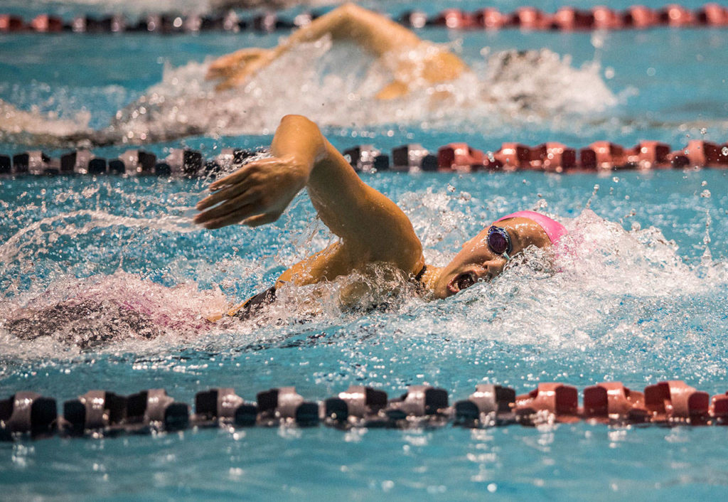 Kamiak junior Elli Straume was announced as an All-American in the 200-yard freestyle. She placed second in the event at the Class 4A state meet last November with a time of 1:49.24, which ranked 69th in the nation this past year among high school girls. (Olivia Vanni / The Herald)
