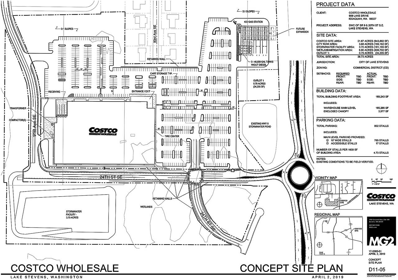 Costco’s concept site plan includes a 170,000-square-foot warehouse store and a 30-pump gas station. (City of Lake Stevens)