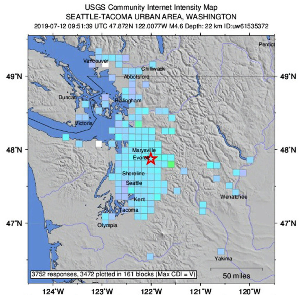 A U.S. Geological Survey depiction of the shaking caused by a magnitude 4.6 earthquake at 2:51 a.m. Friday under Monroe. (USGS) 
