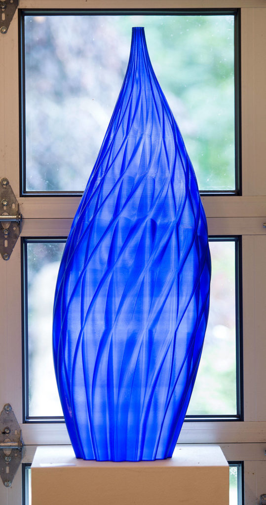 Micajah Bienvenu’s sculpture, “Woven Blue,” was created using PETG plastic and a 3-D printer.
