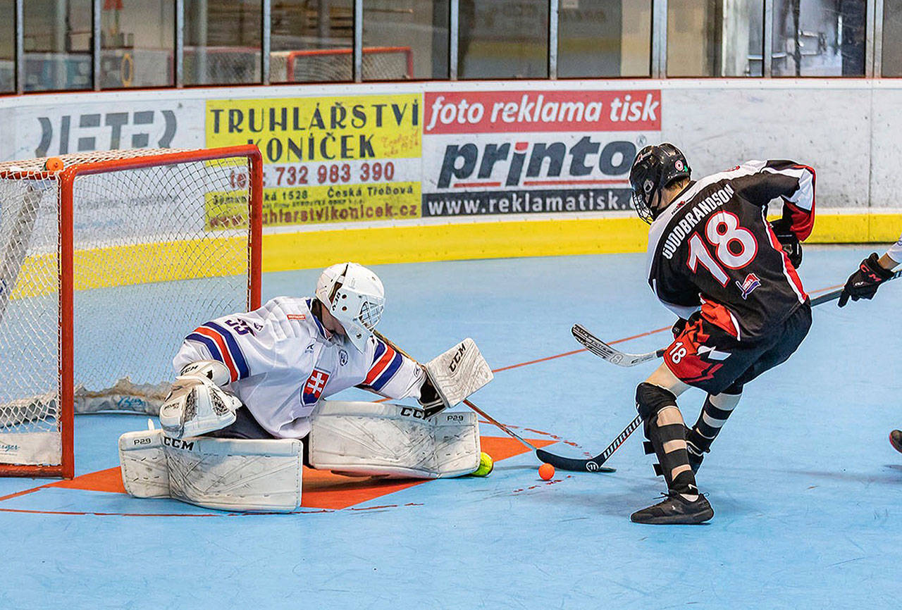 Nate Goodbranson (18) competes against Slovakia at the Under-16 World Junior Ball Hockey championships last month in the in the Czech Republic. (Photo by Audra Goodbrandson)