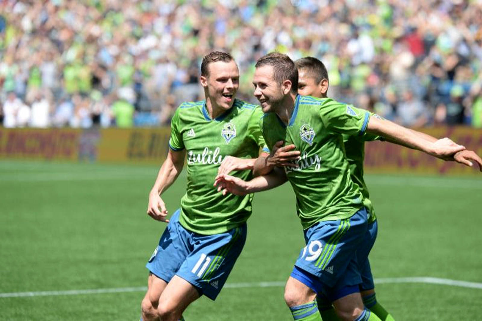 Harry Shipp (19) celebrates his game-winning goal with his Sounders teammates Sunday in Seattle. (Charis Wilson/Sounders FC).