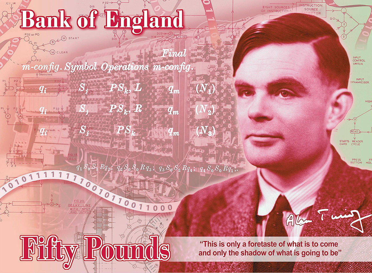 A view of the the concept for the new 50-pound note bearing the image of World War II code-breaker Alan Turing. (Bank of England via AP)