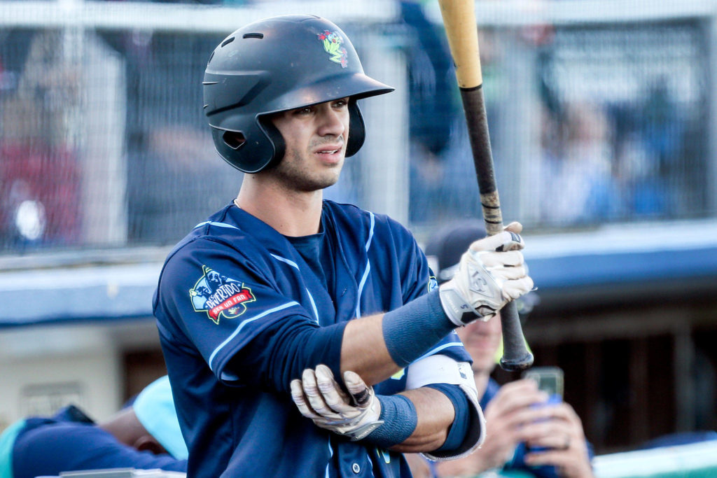 The AquaSox’s Patrick Frick wits on deck during a game against the Canadians on July 12, 2019, at Funk Fieldo in Everett. (Kevin Clark / The Herald)
