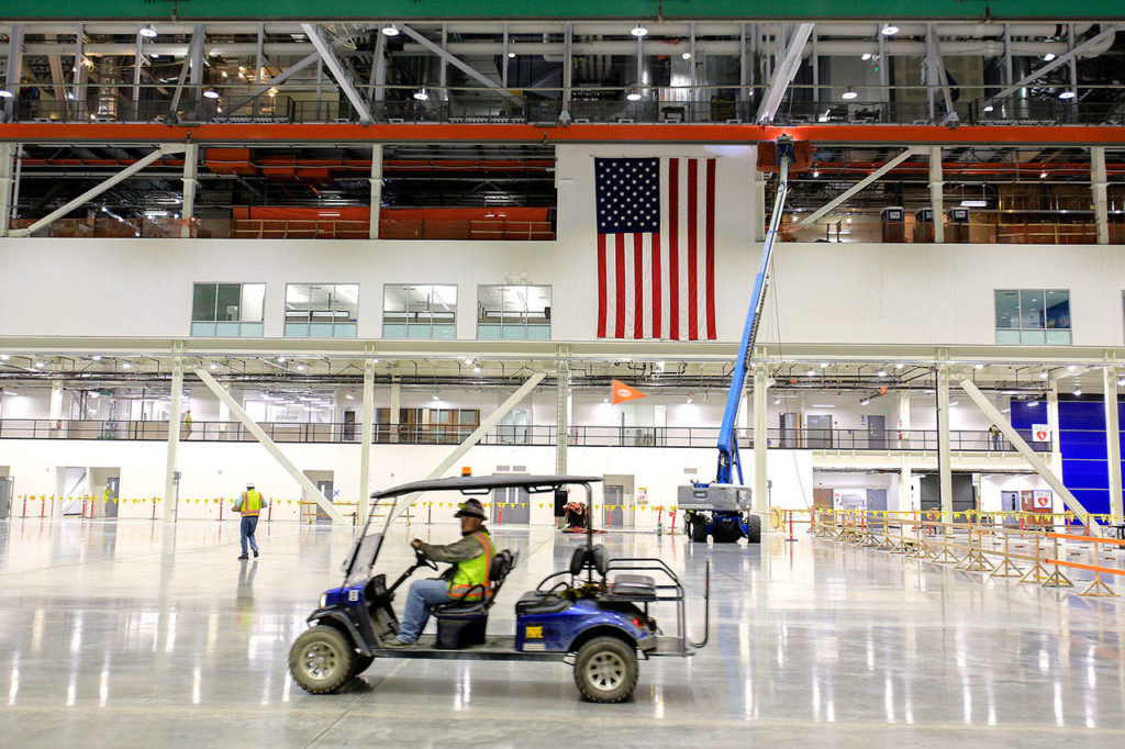 The 777x Composite Wing Center is seen when it was new at Paine Field in Everett on May 19, 2016. (Kevin Clark / Herald file)
