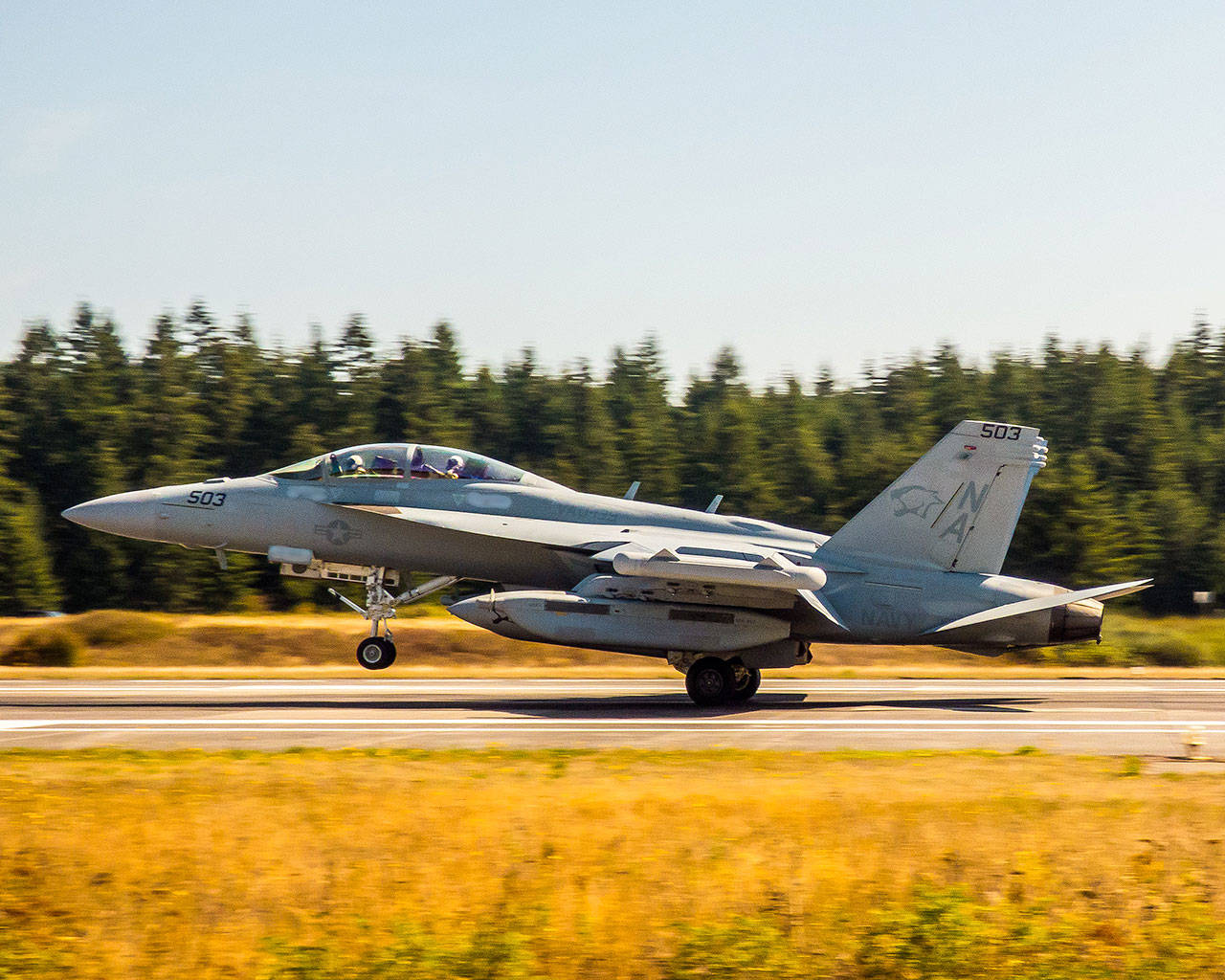 An EA-18G Growler pilot practices aircraft carrier landings at Outlying Field Coupeville on Whidbey Island in August 2014. (U.S. Navy)