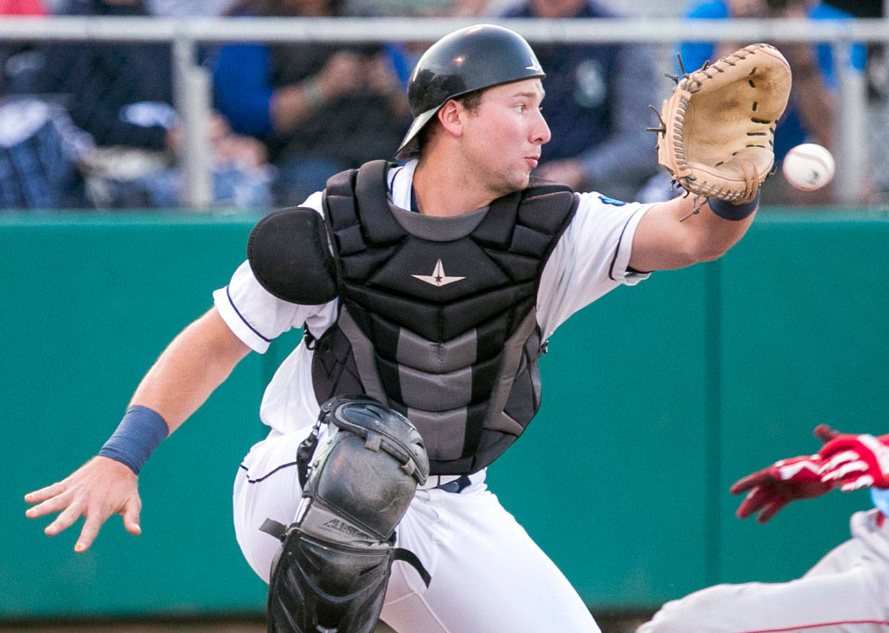 Cal Raleigh looks to make a play at the plate during a game with the AquaSox in 2018. After a torrid stretch at the plate, Raleigh was promoted from High-A Modesto to Double-A Arkansas on Monday. (Kevin Clark / The Herald)