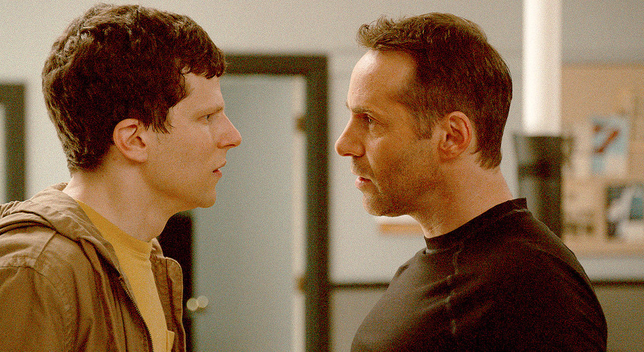 Jesse Eisenberg (left) plays a nebbish and Alessandro Nivola is a deranged karate sensei in “The Art of Self-Defense.” (Bleecker Street)