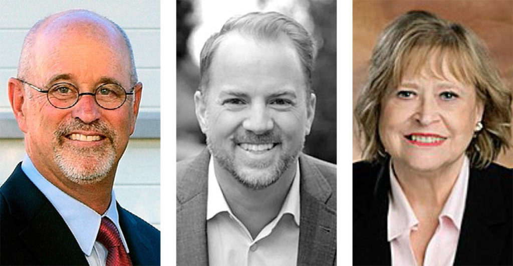 Neil Tibbott (left), Brad Shipley (center) and Kristiana Johnson are also running for mayor of Edmonds.
