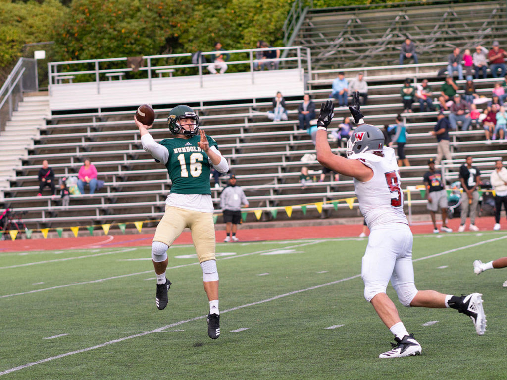 Meadowdale graduate Drew Tingstad (16) attempts to throw the ball over a defender during a game against Western Oregon on Sept. 22, 2018, at the Redwood Bowl in Arcata, California. (Photo courtesy of Humboldt State sports information)
