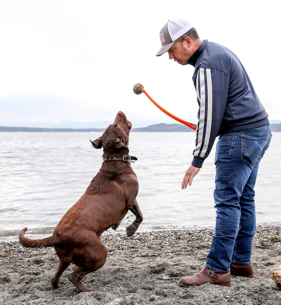 Olive reacts to the ball being held by John Morgan at Point Edwards Park in Edmonds on April 4. (Kevin Clark / The Herald)
