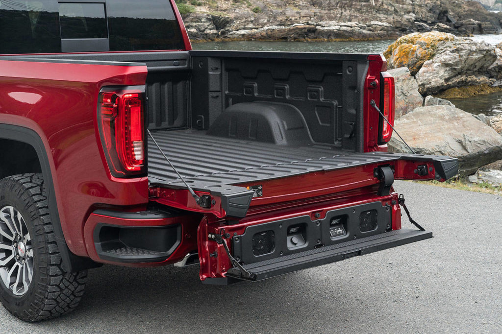 The 2019 GMC Sierra’s six-function MultiPro tailgate is a first for the industry. (Manufacturer photo)
