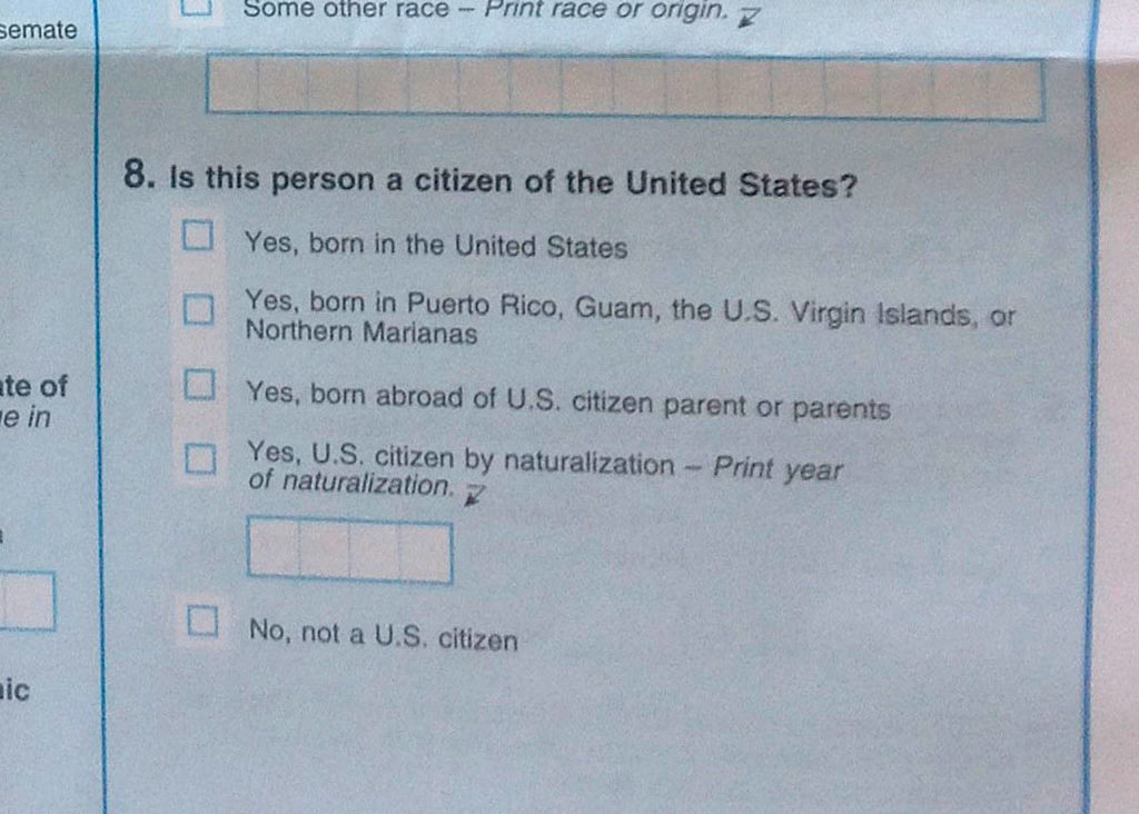 A question on the 2019 Census Test asks, “Is this person a citizen of the United States?” (Robin Lyn Brown / via The Washington Post)
