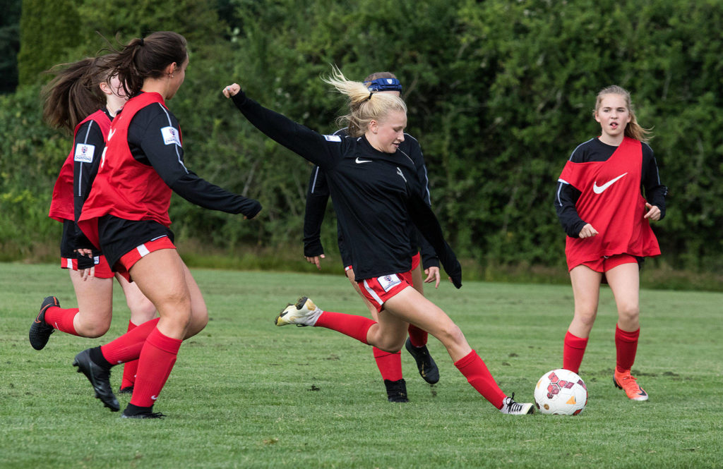 Snohomish United 05’s Kirsten Crane takes a shot during practice July 11 at Stocker Fields in Snohomish. The girls soccer team won the Far West regional championship to advance to the 14-and-under US Youth Soccer National Championships in Overland Park, Kansas. (Andy Bronson / The Herald)
