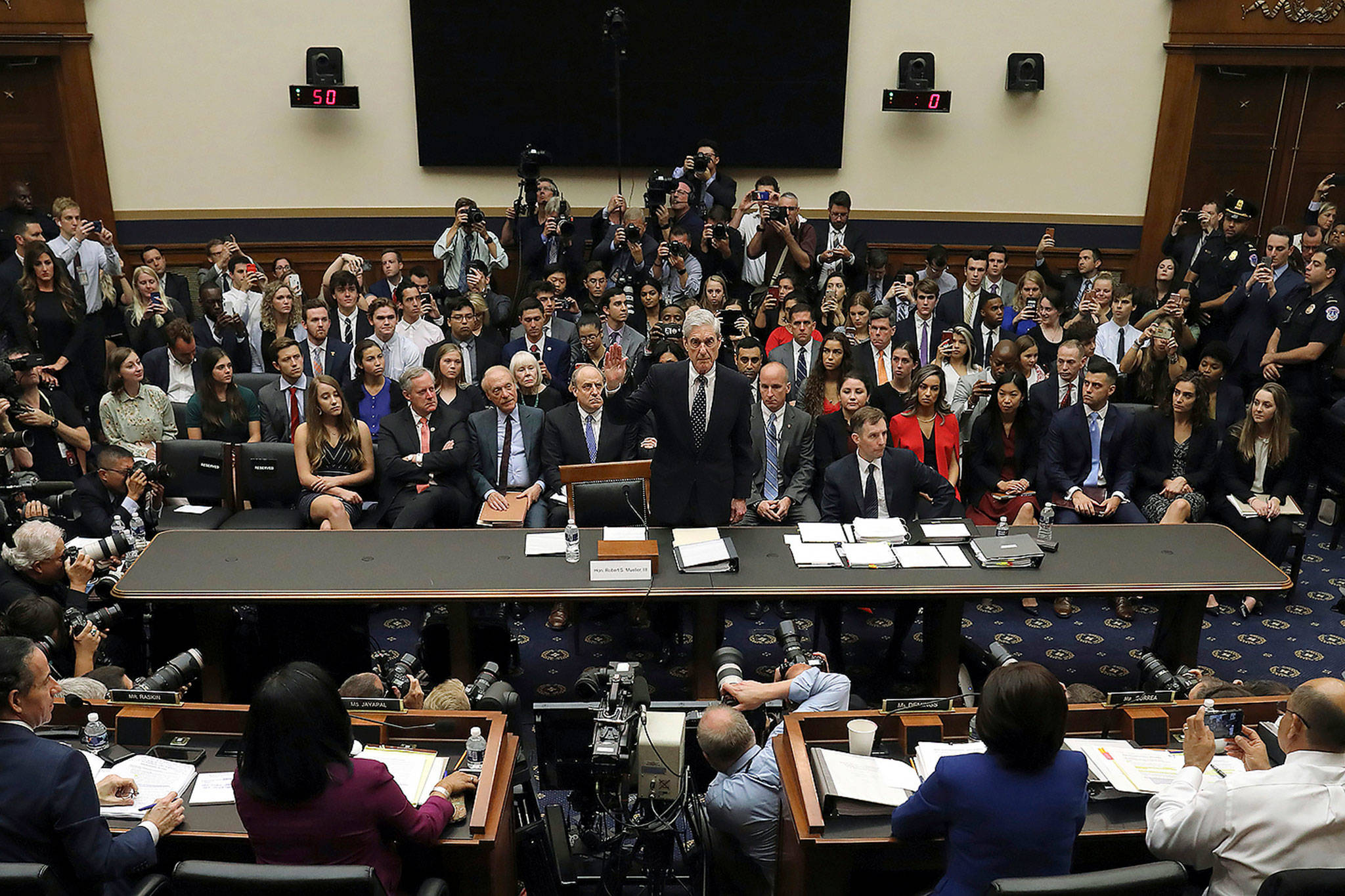 Former special counsel Robert Mueller is sworn in before testifying to the House Judiciary Committee about his report on Russian interference in the 2016 presidential election on Capitol Hill on Wednesday in Washington. (Chip Somodevilla/Pool Photo via AP)