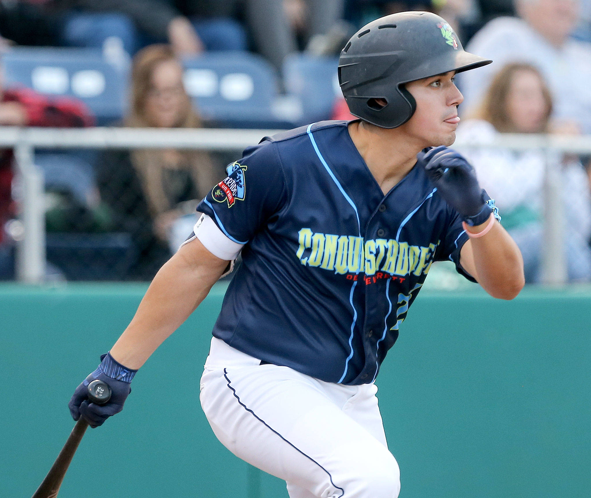Austin Shenton bats during a game between the AquaSox and the Canadians on July 11, 2019, at Funko Field at Everett Memorial Stadium. (Kevin Clark / The Herald)