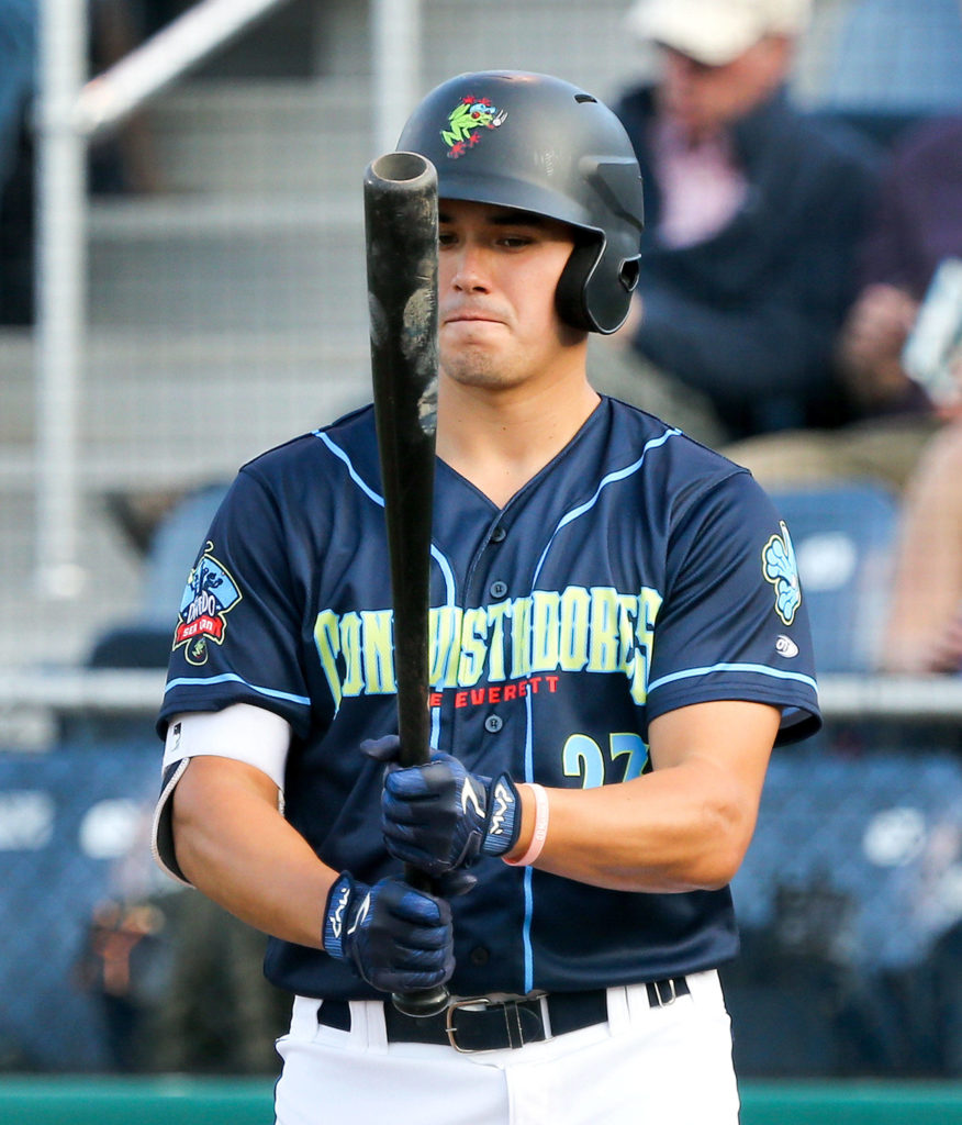 Austin Shenton prepares to bat during a game between the AquaSox and the Canadians on July 11, 2019, at Funko Field at Everett Memorial Stadium. (Kevin Clark / The Herald)
