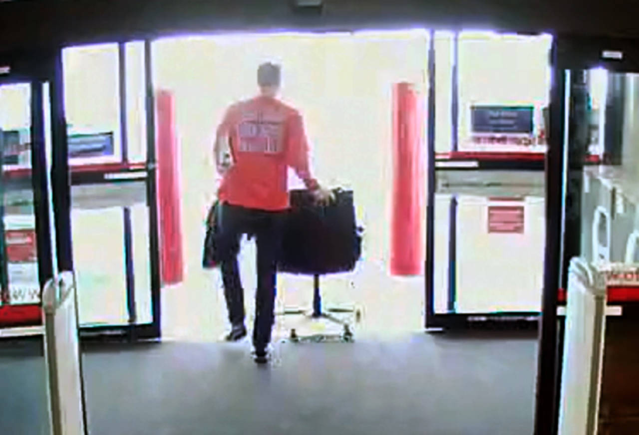 Tim Eyman was seen on store video taking a chair out of the Office Depot in Lacey.