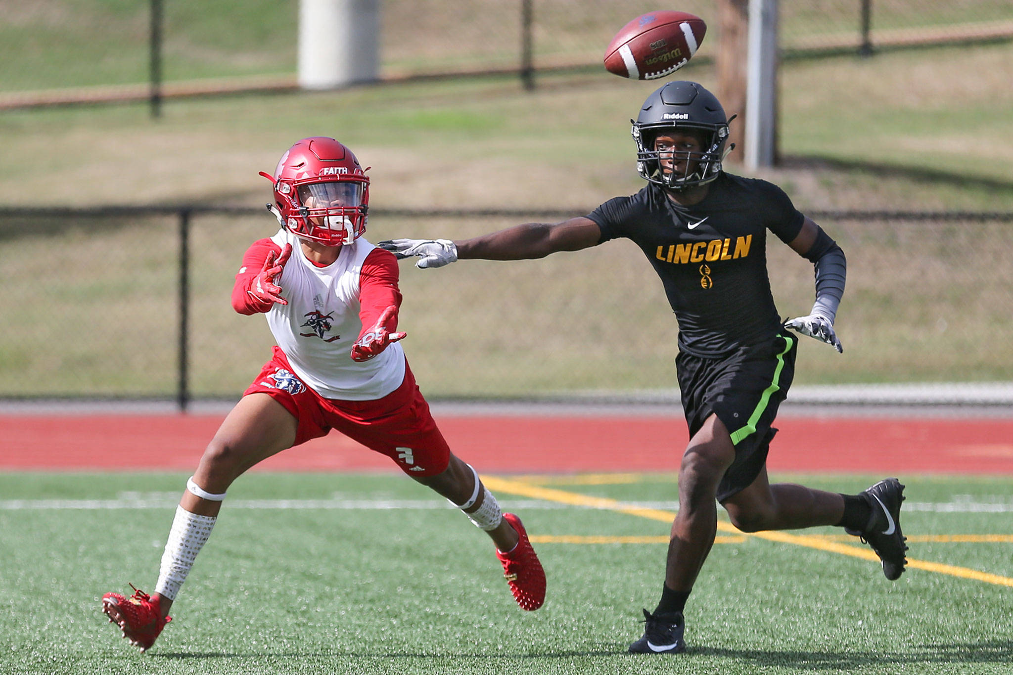 Saturday afternoon during the Cougar Championship Passing Tournament at Lakewood High School in Marysville on July 27, 2019. (Kevin Clark / The Herald)