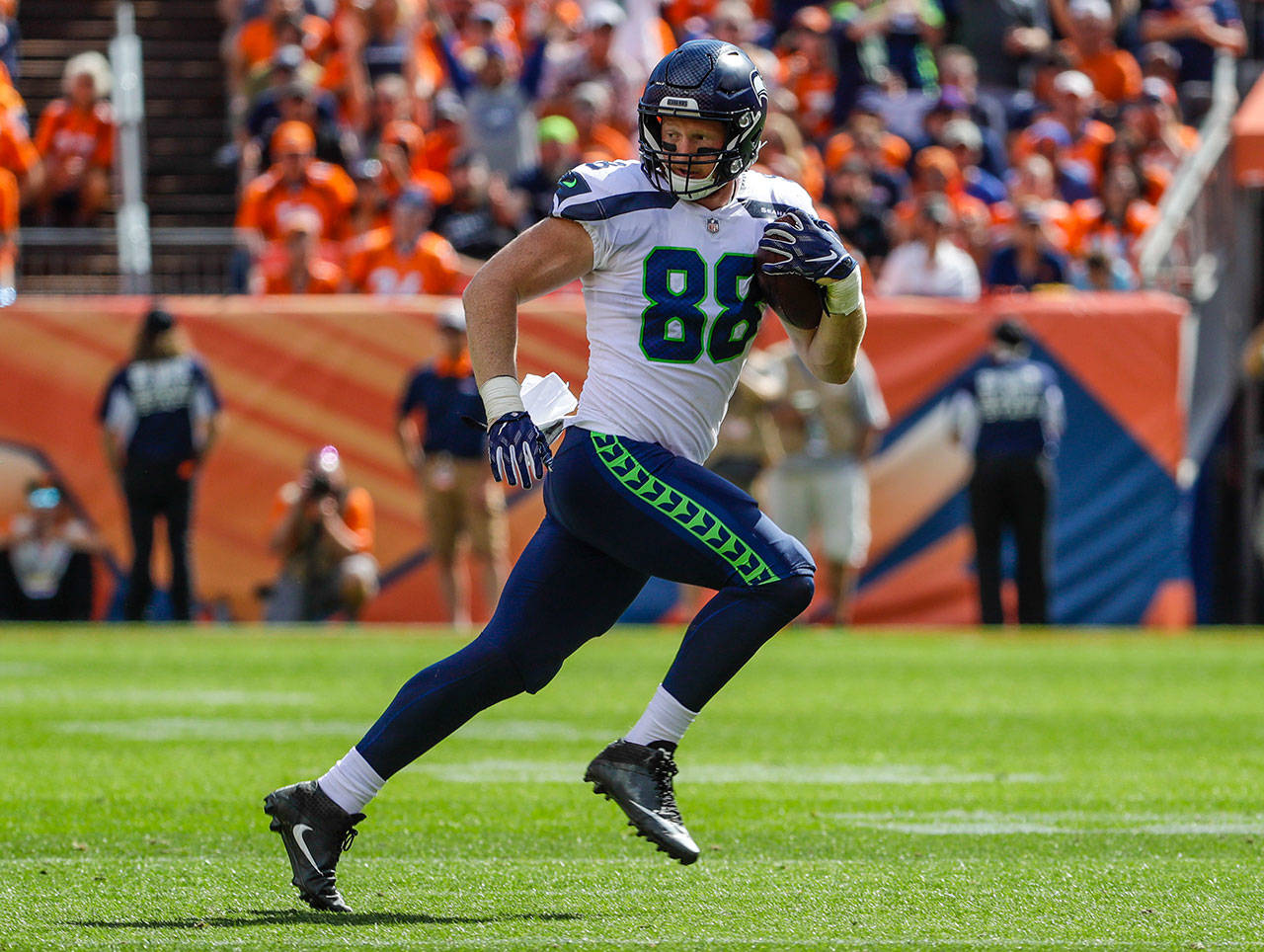Seahawks tight end Will Dissly (88) runs after a catch during a game against the Broncos on Sept. 9, 2018, in Denver. (AP Photo/Jack Dempsey)