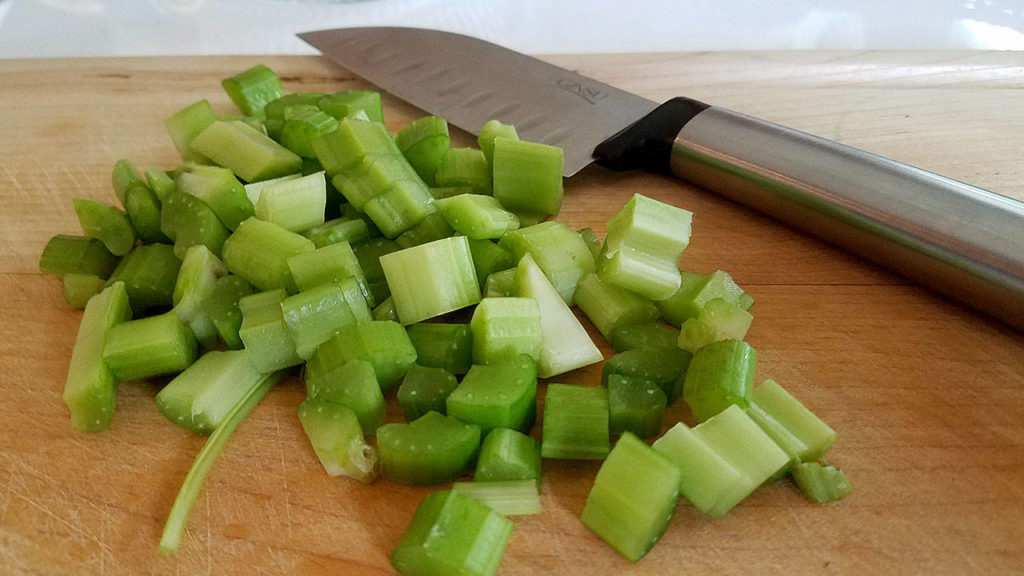 Celery adds a simple accent in both the blended soup and as a garnish. (Sharon Salyer / The Herald)
