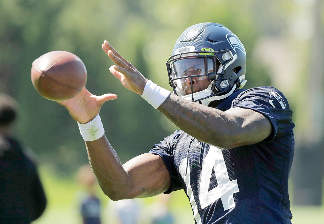 Seattle wide receiver DK Metcalf makes a catch during Seahawks training camp on July 25 in Renton. (AP Photo/Ted S. Warren)