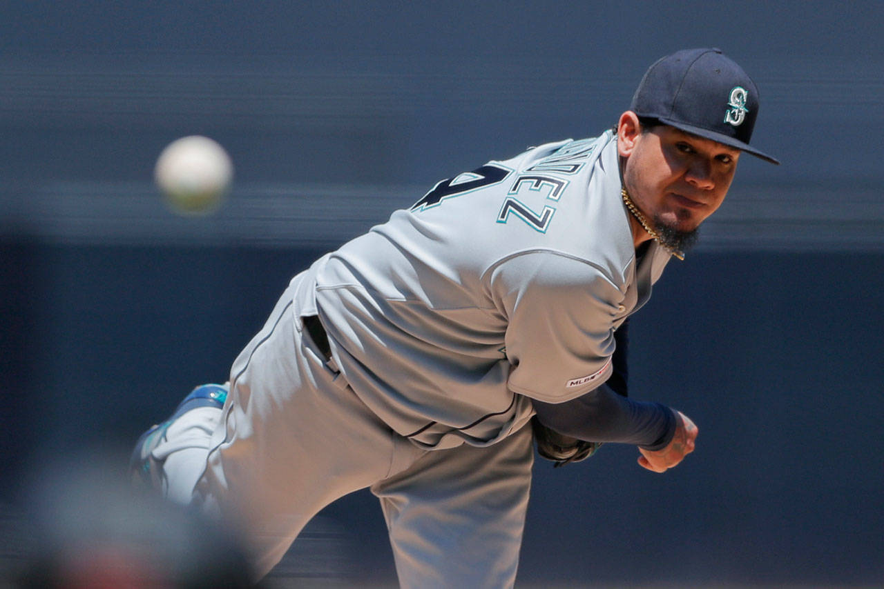 Mariners starting pitcher Felix Hernandez works against a Padres batter during the first inning of a game on April 24, 2019, in San Diego. (AP Photo/Gregory Bull)