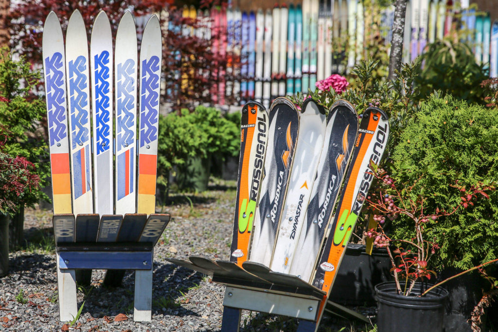 Jake Sharpe, owner North Cascades Nursery, builds chairs from donated skis. (Kevin Clark / The Herald)
