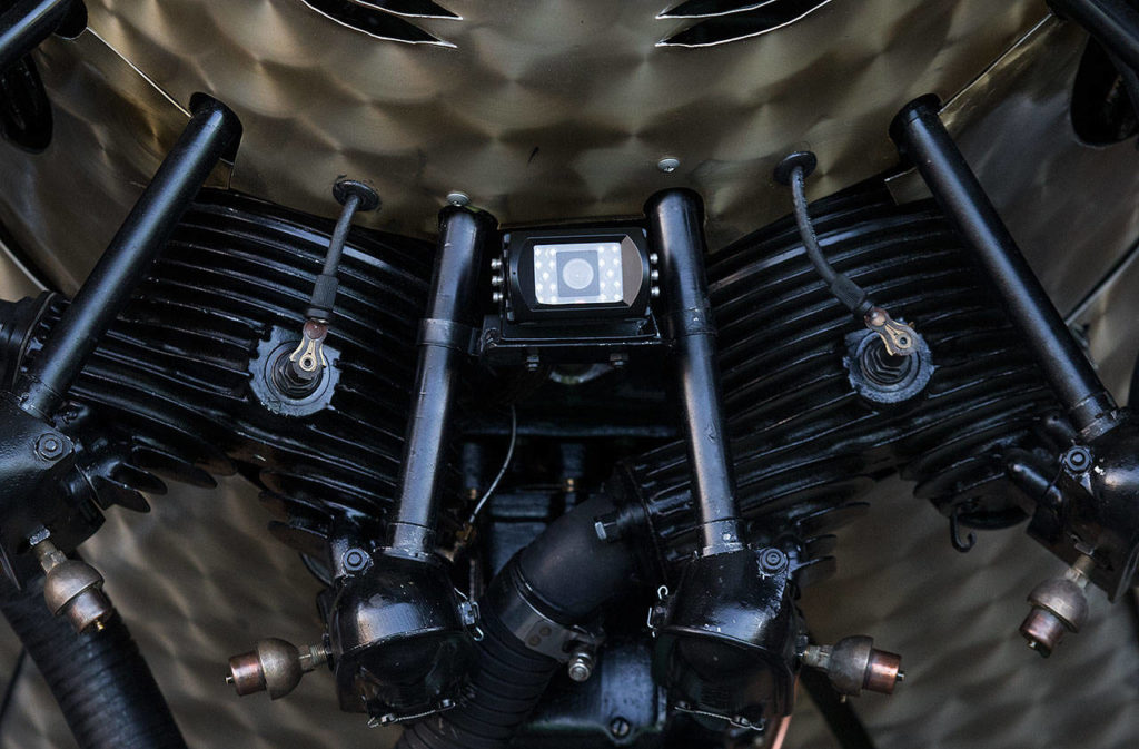 A car backup camera is mounted to the engine of a replica of the Spirit of St. Louis, since there is no canopy to see out of, on July 28, 2019 in Arlington. (Andy Bronson / The Herald)
